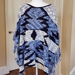 INC Womens Blue Aztec Knit Detail Print Poncho Sweater Fringe Loose Size S/M